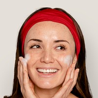 Woman cleansing skin, beauty routine psd