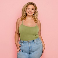 Curvy blonde woman in green singlet top