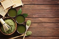 Matcha powder in bowl with other cups of matcha. Original public domain image from Wikimedia Commons