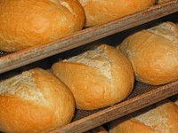 A line of bread rolls that are being cooked. Original public domain image from Wikimedia Commons