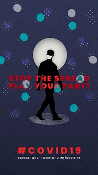 Stop the spread, play your part during coronavirus pandemic social template source WHO mockup