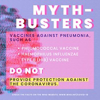 Vaccines against pneumonia myth-busters during coronavirus pandemic social template source WHO mockup