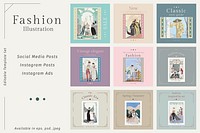 Editable social post templates psd in vintage fashion style, remix from artworks by George Barbier