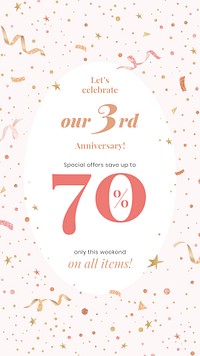 Anniversary sale template psd with 70% off for social media post