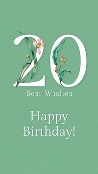 20th birthday greeting template psd with floral number illustration