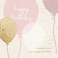 Balloon birthday greeting template psd in pink and gold tone