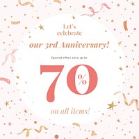 Anniversary sale template psd with 70% off for social media post