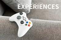 Inspirational quote banner template psd with game console on the couch