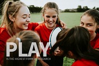 Inspirational quote banner template psd with girl's rugby team background