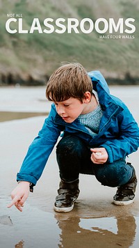 Educational banner template psd with boy at the beach background