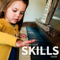 Educational social media template psd girl playing a piano background