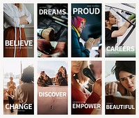 Social media story template psd  with editable text collection in women empowerment in workplace theme