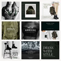 Unisex fashion sale template psd post set in green and dark tone