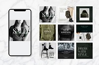 Unisex fashion sale template psd set in green and dark tone