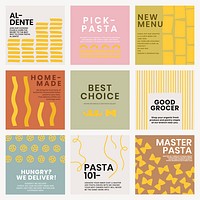 Cute pasta doodle template psd for food social media post set