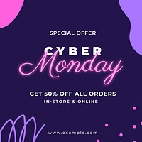 Cyber Monday sale template, neon memphis design vector