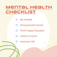 Mental health checklist template, Instagram post, aesthetic design psd