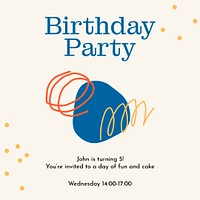 Birthday party invitation template, cute memphis design psd