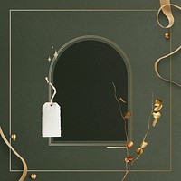 Green festive background, arch frame with gold ribbon