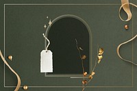 Green festive background, arch frame with gold ribbon psd