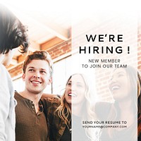 We&#39;re hiring new members to join our team social advertisement template mockup