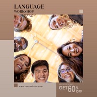 Language workshop social media advertisement template mockup