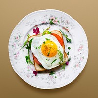 Egg toast on a plate, food photography, flat lay style