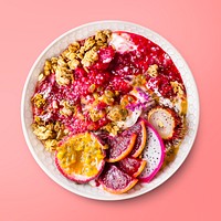 Smoothie bowl on pink background, food photography, flat lay style