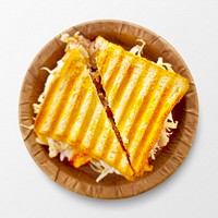 Grilled sandwich on a plate, food photography, flat lay style
