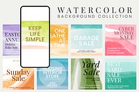 Watercolor template psd, pastel background collection with life quote & sale word