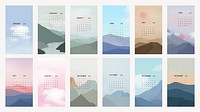 Sky & mountain yearly calendar in minimal Scandinavian aesthetics  editable psd template set