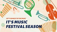 Music festival template, ad banner with retro instrument design psd