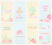 Aesthetic ocean story template, marine life design psd set in pastel colors