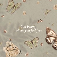 Freedom quote social media post template, beautiful vintage butterfly pattern psd