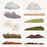 Aesthetic landscape sticker, simple nature design psd set