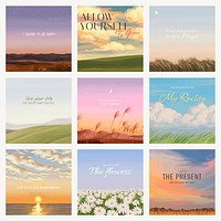 Nature social media post template, aesthetic landscape design vector set