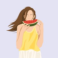 Woman eating watermelon, summer illustration