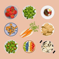 Healthy food dishes collage element, realistic illustration set psd