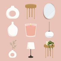 Aesthetic home decor collage element, realistic illustration set psd