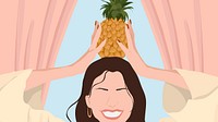 Happy woman computer wallpaper with pineapple, aesthetic illustration