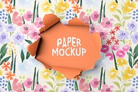 Ripped paper mockup, watercolor flower pattern psd