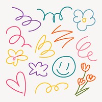 Cute line doodle stickers, journal collage element psd set