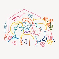 Gay family clipart, LGBTQ line portrait illustration vector