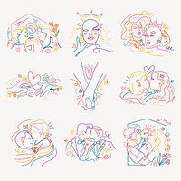 Gay pride stickers, LGBTQ line art portraits vector set