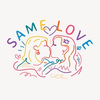 LGBTQ same love sticker, lesbian couple kissing line art illustration vector