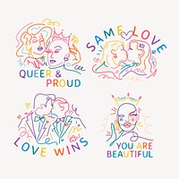 LGBTQ ally stickers, aesthetic line art illustration vector set