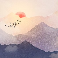 Landscape sunset background, mountain watercolor design