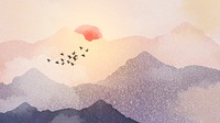 Landscape sunset desktop wallpaper, mountain watercolor border background