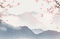 Japanese floral background, watercolor mountain landscape illustration vector