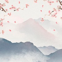 Japanese floral background, watercolor mountain landscape illustration psd